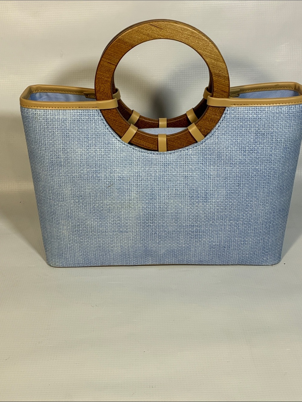 Blue Woven Tote with Wooden Circle Handles